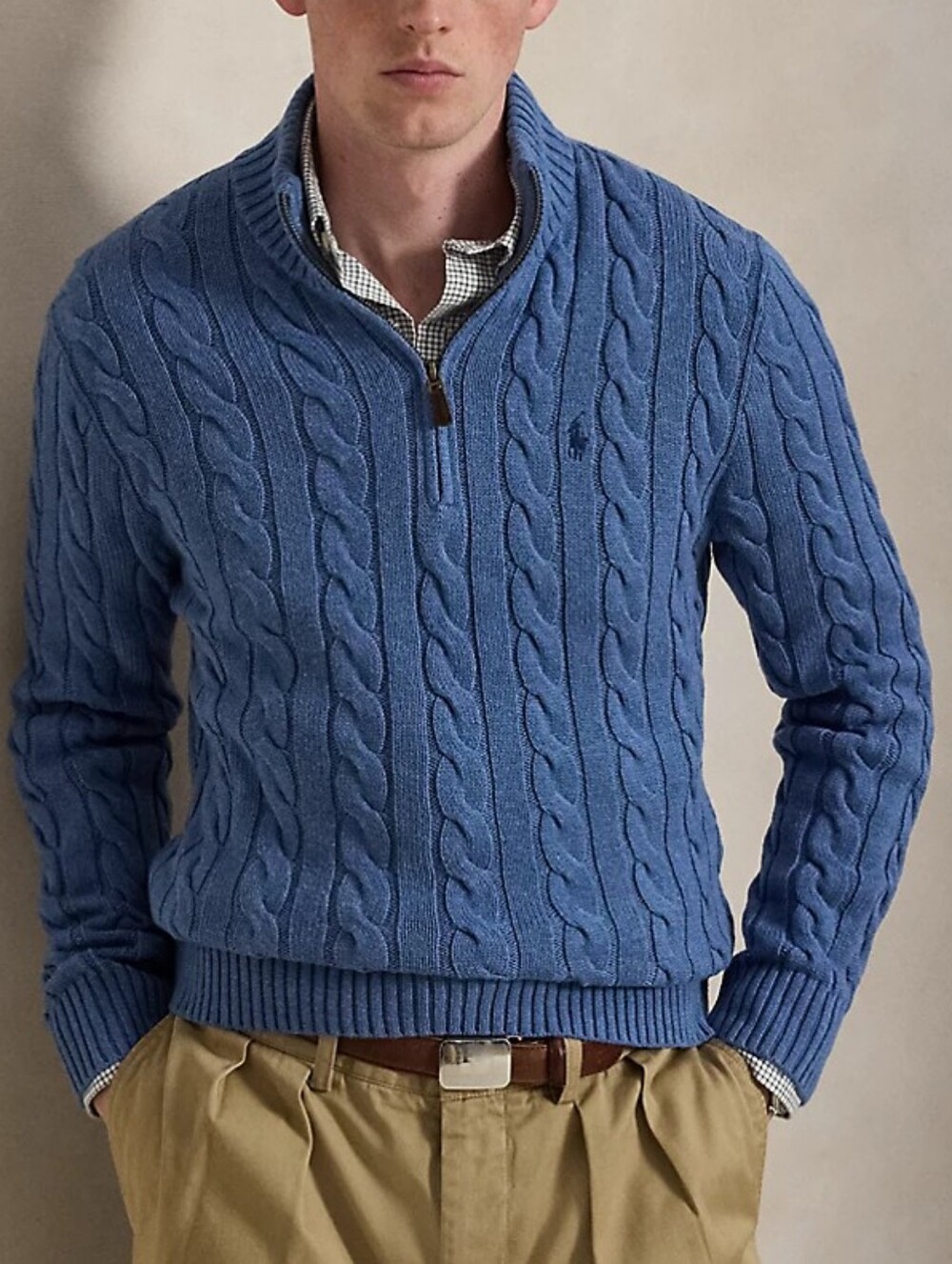 Polo by Ralph Lauren Blue Cable-Knit Cotton  Quarter-Zip Sweater